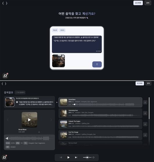 링크뮤직 사용 예시. 프롬프트에 텍스트와 이미지를 넣으면(위), 그에 적합한 음악 리스트를 제공한다 / 출처=칠로엔