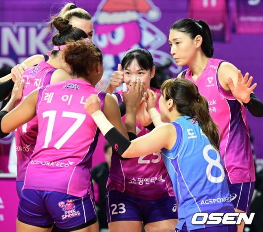 [OSEN=인천, 지형준 기자] 24일 오후 인천삼산월드체육관에서 도드람 2023-2024 V리그 여자부 흥국생명과 정관장의 경기가 열렸다.1세트 흥국생명 선수들이 득점에 기뻐하고 있다. 2023.12.24 / jpnews.osen.co.kr