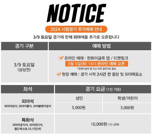 한화 구단은 9일 입장권이 매진되자 외야석도 개방한다는 공지를 띄웠다. 한화 이글스 X