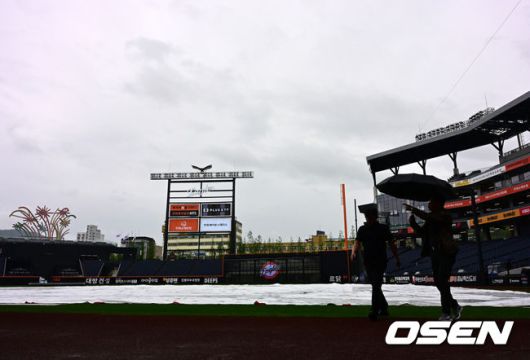 [OSEN=대전, 지형준 기자] 1일 대전 한화생명볼파크에서 2025 신한 SOL Bank KBO리그 한화 이글스와 LG 트윈스의 경기가 열린다.이날 한화는 엄상백, LG는 손주영이 선발로 나선다.이날 비 예보가 있는 가운데 한화생명볼파크에 비가 내리고 있다. 김시진 경기감독관이 그라운드를 살피고 있다. 2025.05.01 /jpnews@osen.co.kr