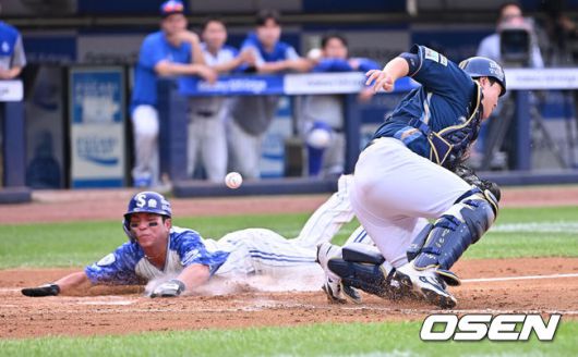 [OSEN=대구, 이석우 기자] 7일 대구삼성라이온즈파크에서 2025 신한 SOL 뱅크 KBO 리그 삼성 라이온즈와 NC 다이노스의 경기가 열렸다. 홈팀 삼성은 레예스가, 방문팀 NC는 신민혁이 선발 출전했다. 삼성 라이온즈 김영웅이 2회말 1사 만루 이재현의 좌익수 희생플라이때 홈에서 세이프되고 있다. 2025.06.07 / foto0307@osen.co.kr