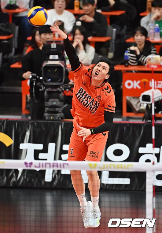 [OSEN=부산, 이석우 기자] 12일 부산 강서실내체육관에서 진에어 2025-2026 V리그 남자부 OK저축은행과 대한항공의 경기가 열렸다. 남자배구에서 파죽의 10연승을 달리는 대한항공과 '상위팀 킬러'로 통하는 OK저축은행이 외나무다리 대결을 펼쳤다.OK저축은행 신장호가 서브 득점을 올리고 있다. 2025.12.12 / foto0307@osen.co.kr