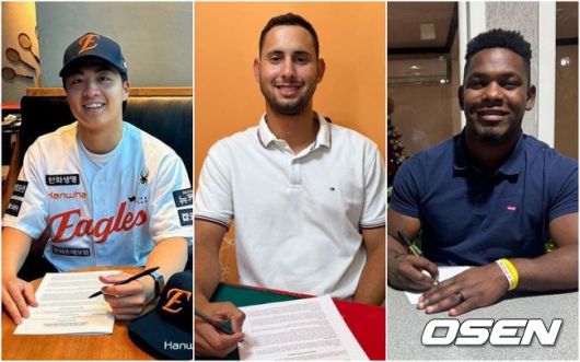 아시아쿼터 왕옌청, 외국인 선수 윌켈 에르난데스, 페라자(왼쪽부터) / 한화 이글스 제공