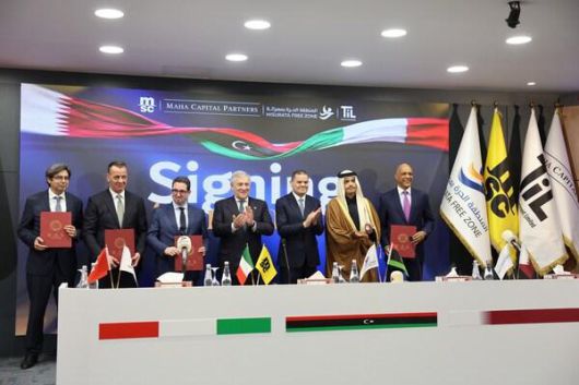 Signing ceremony, Misurata - (from left to right):Mr. Ammar Kanaan, Chief Executive Officer, Terminal Investment Limited (TiL); Mr. Muhsin Sigutri, Chairman, Misurata Free Zone; Mr. Diego Aponte, President, MSC Group; H.E. Antonio Tajani, Deputy Prime Minister and Minister of Foreign Affairs and International Cooperation of the Italian Republic; H.E. Abdul Hamid Dbeibah, Prime Minister of the Government of National Unity of Libya;H.E. Sheikh Mohammed bin Abdulrahman bin Jassim Al Thani, Prime Minister and Minister of Foreign Affairs of the State of Qatar; Mr. Aboobacker Manattukundayil, President, Maha Capital Partners