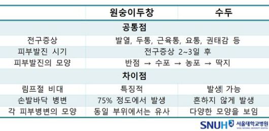 원숭이두창과 수두 비교 (제공: 서울대병원)