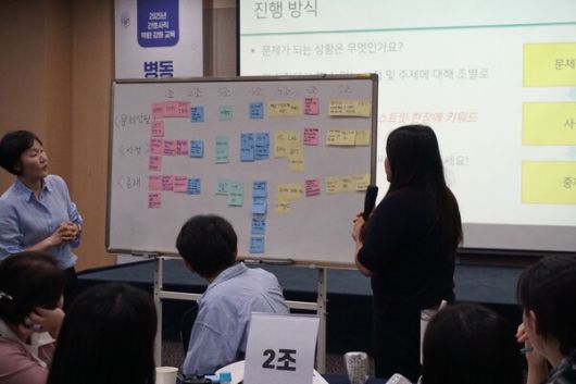 6월 11일 열린 ‘병동 중증환자 팀별 사례 중심 간호 대처 방법’ 교육에서 교육생들이 팀별로 토론 결과를 발표하고 있다. 사진 제공: 국립중앙의료원