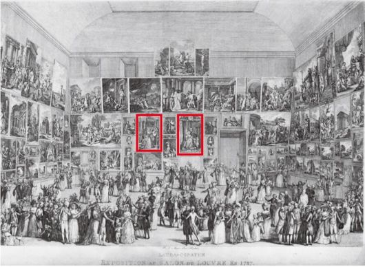 피에트로 안토니오 마르티니, 요한 하인리히 람베르크, <1787년 살롱 뒤 루브르 전시회>, 1787년, 동판화, 미국 뉴욕 메트로폴리탄미술관.