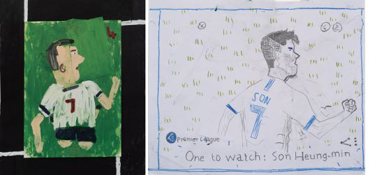 (왼쪽) Tottenham Colours, 4 Goals, 2020, Oil and Collage on Paper and Canvas 111.5 x 89 cm, Photo: Jo Moon Price(문현주)  (오른쪽) One to watch, Son, 2020, Coloured pencil, pencil, oil and collage on paper 30.4 x 37 cm, Photo: Jo Moon Price(문현주)