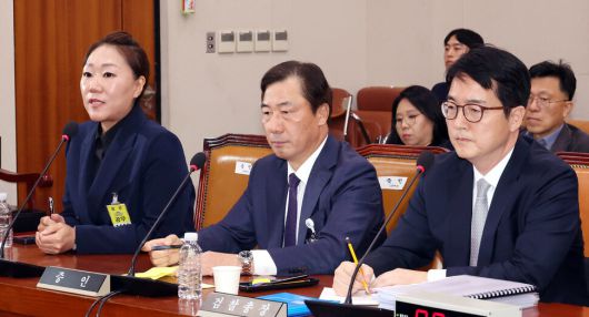 윤석열 대통령의 부인 김건희 여사의 공천개입 의혹을 제기한 강혜경(왼쪽)씨가 21일 오후 서울 여의도 국회에서 열린 법제사법위원회의 대검찰청 대상 국정감사에서 출석해 답변하고 있다. 오른쪽은 심우정 검찰총장이고 가운데는 윤재순 대통령실 총무비서관이다. 김경호 선임기자 jijae@hani.co.kr
