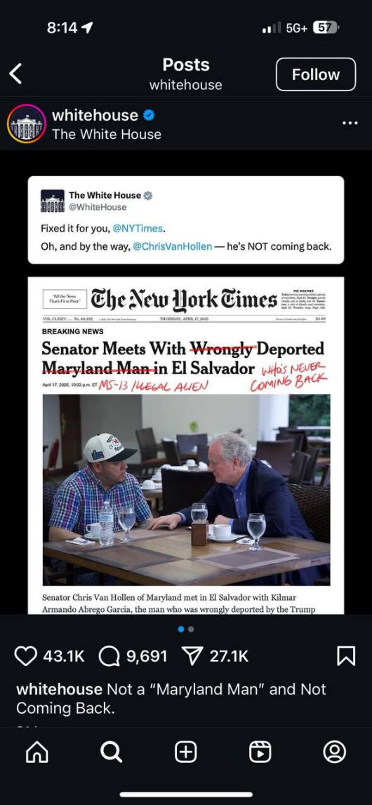 미국 백악관 공식 인스타그램 화면 갈무리.