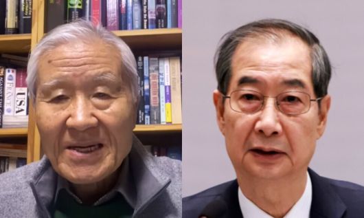 조갑제(왼쪽) 조갑제닷컴 대표와 한덕수 대통령 권한대행 국무총리. 유튜브 갈무리, 연합뉴스