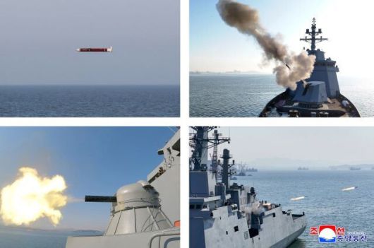 김정은 조선노동당 총비서 겸 국무위원장이 지난 25일 진수식을 치른 북한 최초의 5000t급 “새세대 다목적 공격형 구축함 제1호”(최현호)의 시험사격을 참관하며 “해군의 핵무장화 가속화”를 주문했다고 30일 노동신문이 보도했다. 조선중앙통신 연합뉴스