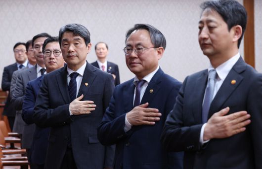 이주호 권한대행이 2일 오전 정부서울청사에서 열린 임시 국무회의에서 국기에 대한 경례를 하고 있다. 대통령실사진기자단