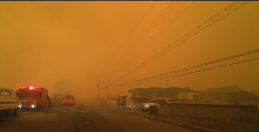지난 3월25일 산불이 덮친 경북 안동 길안면의 모습. 당시 맑은 날이었지만 산불의 연기가 사방으로 퍼져가기 시작하면서 대낮이었는데도 시야가 가려졌다. 이 불길이 청송, 영양, 영덕까지 번져갔다. 기후위기기록단