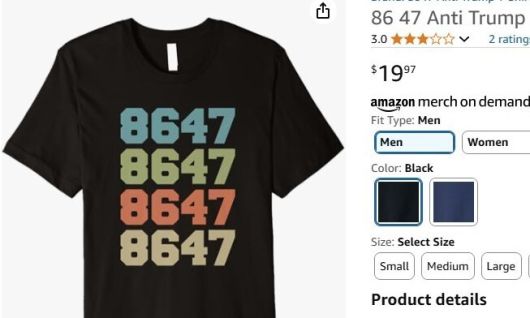 아마존에서 팔리고 있는 ‘87 47’ 티셔츠. 아마존 누리집 갈무리