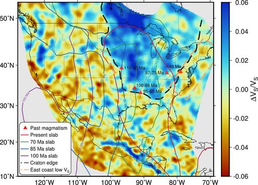 지진파는 지질 구조가 다르면 전파 속도도 달라진다. 미국 본토와 중앙아메리카, 캐나다 일부 지역에 걸쳐 200km 깊이의 지각에서 발생하는 지진파의 속도를 보여주는 그림. 북미 대륙괴(검은색 점선)는 주변 지역에 비해 지진파 속도가 빠르다. Nature Geoscience