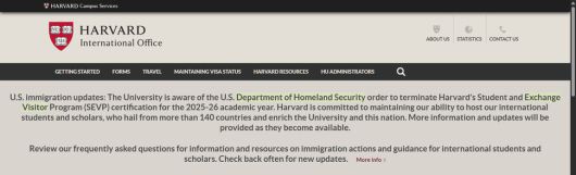 하버드대 국제처 홈페이지. “새로운 정보가 수시로 추가되므로 자주 확인해 주시기 바란다”는 안내 문구가 게시돼있다. 누리집 캡처