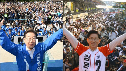 12일 경기도 동탄의 이재명 후보(왼쪽)와 같은 날 대구 서문시장의 김문수 후보의 뒷 배경에 보이는 인파는 돌출무대를 이용해 군중과 더 가까이 붙여 뒷 공간을 채운 김 후보 쪽이 더 많아 보이는 효과가 있다.