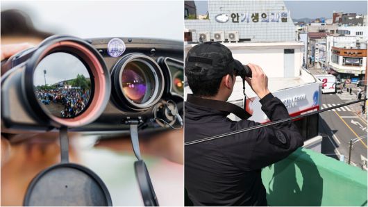 후보들에 대한 안전에 만전을 기하기 위해 경찰 특공대원들이 후보자들 주변에서 망원경으로 주변을 관찰하고 있다.(15일 전남 광양) 선거 운동이 열리기 전 경찰 특공대원이 인근 건물 옥상에서 주변을 관찰하고 있다.(14일 경남 진주)