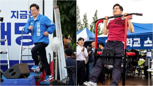 이재명 더불어민주당 대통령 후보가 25일 경기 안산에서 열린 선거유세에서 연단을 뛰어 오르고 있다.(왼쪽 사진) 김문수 국민의힘 대통령 후보가 28일 경북 경산 영남대학교 축제 현장에서 턱걸이를 해 보이고 있다.