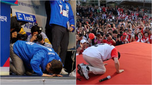 이재명 더불어민주당 대통령 후보(왼쪽)와 김문수 국민의힘 대통령 후보가 유세장에서 큰 절을 하고 있다. 이 후보는 유세장을 찾아주신 지지자들에게 감사의 뜻으로, 김 후보는 국민의힘이 보여준 태도에 사죄의 뜻으로 절을 했다.