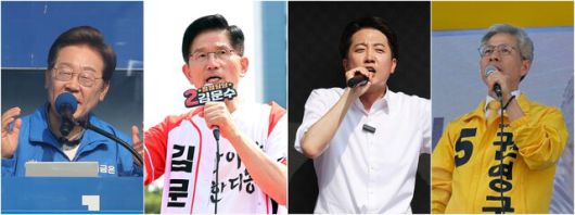 21대 대통령 선거를 이틀 앞둔 1일 이재명 더불어민주당 대통령 후보(왼쪽부터)가 울산 동구 일산해수욕장 교차로 인근에서, 김문수 국민의힘 대통령 후보가 경기 남양주시 다산역 2번출구 앞에서, 이준석 개혁신당 대통령 후보가 경기 화성시 동탄호수공원에서, 권영국 민주노동당 대통령 후보가 서울 마포구 연남동 경의선숲길에서 지지를 호소하고 있다. 신소영 기자, 공동취재사진, 연합뉴스, 민주노동당 제공