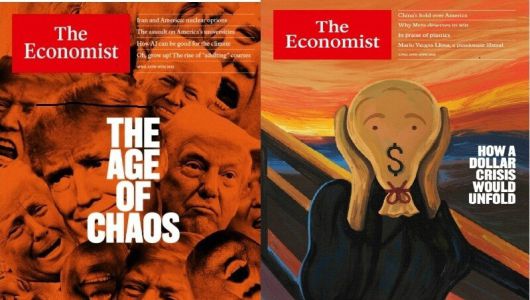 도널드 트럼프 미국 대통령이 상호관세를 부과한 2025년 4월, 이코노미스트지는 여러 차례 미국의 경제위기에 관한 표지 기사를 실었다. 4월3일치 뭉크의 ‘절규’와 ‘달러’를 혼합한 표지는 공포로 가득했고, 4월10일치 표지는 트럼프의 괴기스러운 얼굴로 채워졌다. The Economist