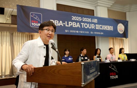 장상진 피비에이 부총재가 11일 서울 한국프레스센터에서 열린 프로당구 미디어데이 행사에서 발언하고 있다. PBA 제공