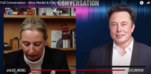 2025년 1월9일에 진행된 일론 머스크와 독일 극우정당 ‘독일을 위한 대안’(AfD) 당수 알리스 바이델 간의 엑스(옛 트위터) 라이브스트림 대화. 유튜브 채널 ‘알리스 바이델’(Alice Weidel)에서 갈무리.