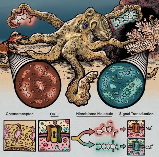 문어가 다리 빨판의 화학·촉각 수용체로 마이크로바이옴을 감지한다는 연구 결과가 나왔다. 레베카 세펠라/셀 제공