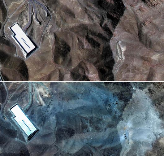 이란 쿰 북동쪽에 위치한 포르도 핵시설을 지난 20일 위성으로 촬영한 모습(위 사진)과 미국이 폭격한 뒤 22일 촬영한 모습. 아래 사진 오른쪽 붉은 원 안에 벙커버스터가 뚫고 들어간 것으로 보이는 구멍 여러개가 생긴 것을 확인할 수 있다. 맥사 테크놀로지스 제공