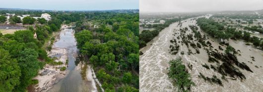 미국 텍사스주 커빌의 과달루페강의 지난 5월 모습(왼쪽)과 지난 7월4일 홍수로 범람한 모습(오른쪽). 출처 뉴욕타임스