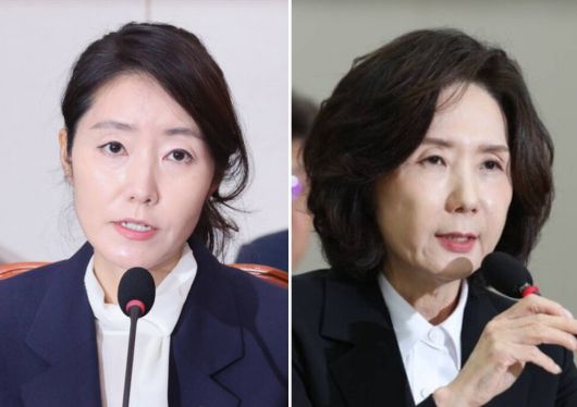 강선우 여성가족부 장관 후보자(왼쪽). 이진숙 교육부 장관 후보자가 16일 인사청문회에서 발언하고 있다. 김영원 기자 forever@hani.co.kr