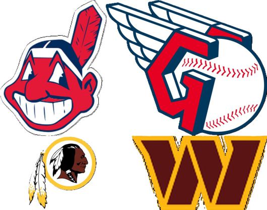 윗줄은 클리블랜드 인디언스 시절의 로고(왼쪽)와 가디언스 로고(오른쪽). 아랫줄은 워싱턴 레드스킨스 시절의 로고(왼쪽)와 커맨더스 로고(오른쪽). 출처 위키미디어