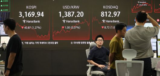 코스피가 전 거래일보다 40.87p(1.27%) 내린 3169.94에 거래를 마감한 22일 서울 중구 하나은행 딜링룸에서 딜러들이 대화하고 있다. 연합뉴스