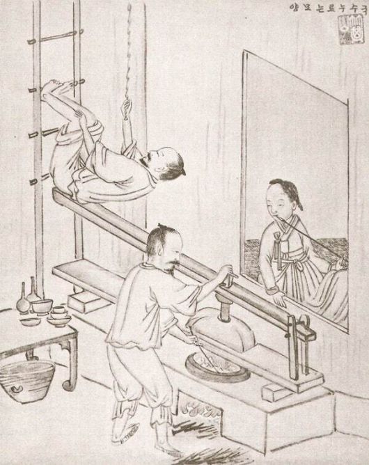 19세기 조선 풍속화가 김준근의 ‘국수 누르는 모양’. 부뚜막 위에 집게처럼 생긴 국수틀을 놓고, 위 널빤지에 올라간 사람의 무게로 국수를 눌러 빼면 그 국수는 바로 부뚜막에 걸린 솥 안으로 들어간다. 독일 함부르크 민족학박물관 소장