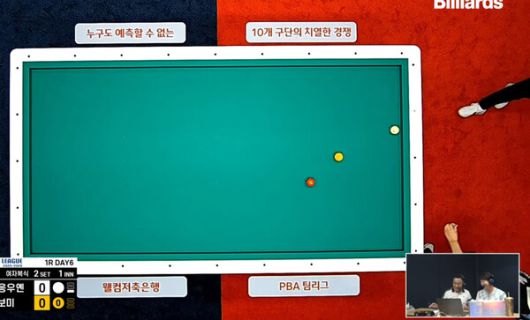 27일 경기도 고양 킨텍스 PBA 라운지에서 열린 팀리그 1라운드 NH농협카드와 에스와이의 경기를 김현석-최철웅 해설위원(오른쪽 아래 작은 화면)이 유튜브 중계하고 있다. PBA 중계화면 갈무리