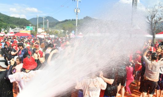 강원 화천군 사내면 사창리 일대에서 ‘토마토 축제’가 열려 2일 참가자들이 폭염의 날씨에 물벼락을 맞고 있다. 연합뉴스.