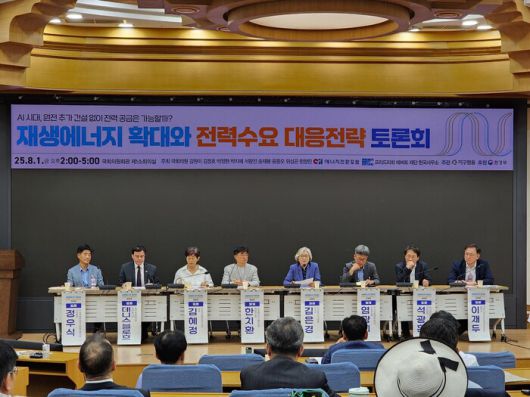 사단법인 지구행동과 에너지전환포럼, 프리드리히 에버트 재단 한국사무소가 1일 국회에서 개최한 ‘재생에너지 확대와 전력 수요 대응전략 토론회’에서 발제자들이 토론을 진행하고 있다. 에너지전환포럼 제공