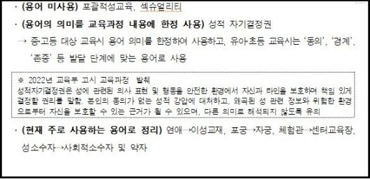 서울시가 시립청소년문화센터 6곳을 통합하는 과정에서 꾸린 ‘운영 매뉴얼 제작 티에프(TF) 회의’ 결과, 향후 성교육을 할 때 지양하라고 한 용어 목록. 서울시 공지문 갈무리