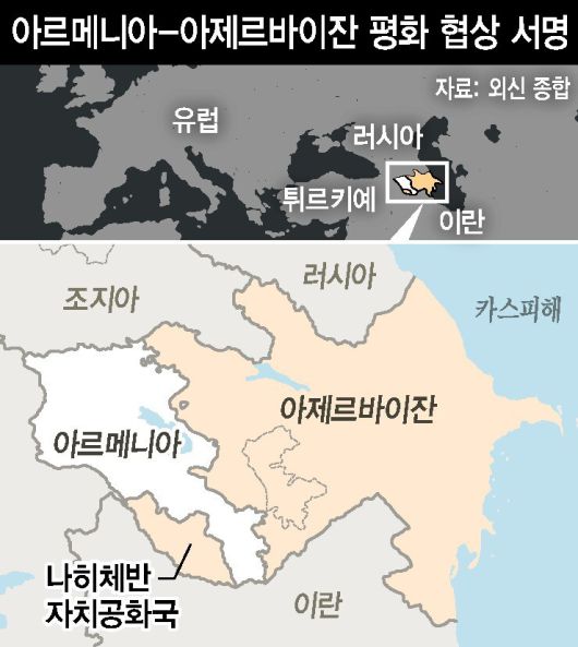 아르메니아와 아제르바이잔은 북으로는 러시아, 서쪽으로는 유럽, 남쪽으로는 이란이 위치해 있는 유럽과 아시아의 경계에 있다. 코카서스 산맥의 남쪽에 있는 조지아·아르메니아·아제르바이잔을 남캅카스 3국이라고 부른다. 그래픽 한겨레