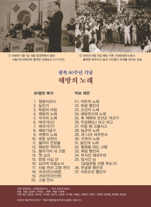 ‘광복 80주년 기념: 해방의 노래’ 음반 앨범 뒷면. 민족문제연구소 제공