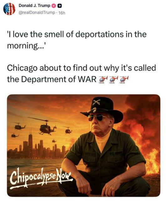 6일(현지시각) 도널드 트럼프 미국 대통령이 자신의 소셜미디어 트루스 소셜에 베트남 전쟁을 소재로 한 영화 ‘지옥의 묵시록’(1979)를 패러디한 이미지와 글을 올렸다. 트럼프 대통령 소셜미디어 갈무리