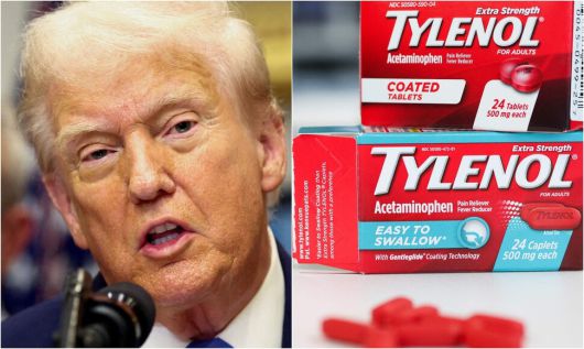 22일(현지시각) 미국 백악관에서 타이레놀 관련 발표를 하는 도널드 트럼프 대통령과 미국서 판매 중인 타이레놀. 로이터 연합뉴스, AFP 연합뉴스