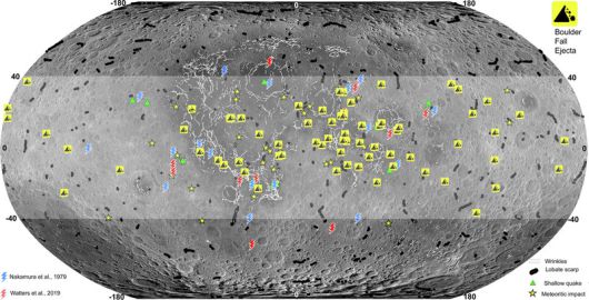 달 북위 40도~남위 40도 사이의 암석 낙하 분출물 분포도. 이카루스