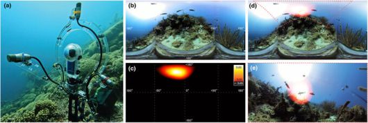 물고기의 음향을 수집하고 종을 특정하는 과정. 4개의 수중 청음 센서가 달린 360도 카메라(a)는 물고기가 소리를 내는 순간, 음원을 감지해 물고기를 포착하도록 설정됐다. 피쉬 아이 공동연구회 제공