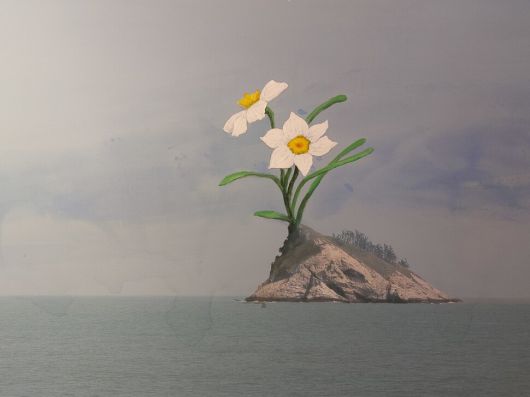 올해 전등사 현대미술작가전에 나온 강홍구 작가의 사진·아크릴회화 합성작품 ‘무인도 086’(2022)의 세부. 노형석 기자