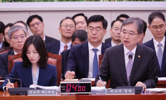 조현 외교부 장관이 13일 서울 여의도 국회에서 열린 외교통일위원회 국정감사에서 의원 질의에 답하고 있다. 연합뉴스