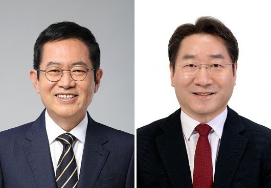 2022년 6월1일 지방선거에서 인천시장으로 겨룬 박남춘 민주당 후보와 유정복 국민의힘 후보. 선거관리위원회 제공
