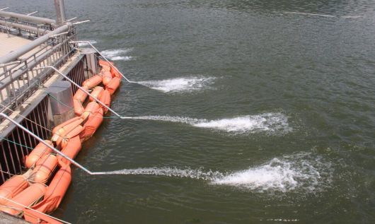 지난 9월 낙동강 매리 취수장에서 취수구 앞의 녹조를 막기 위해 물이 뿌려지고 있다. 김규원 선임기자